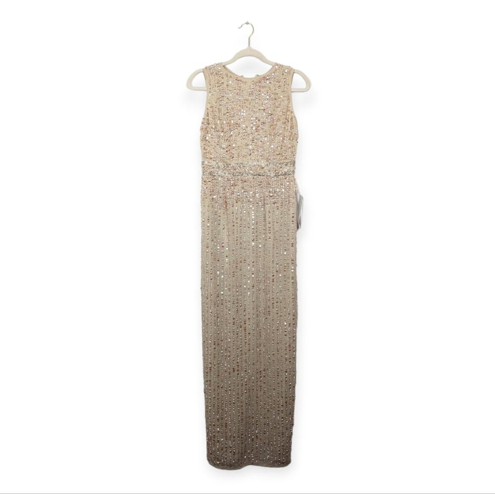 Mac Duggal High Neck Sequin Sleeveless Nude Column Gown